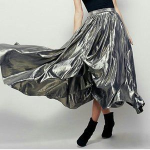 Free People Pleated Metallic Maxi Skirt Size 10